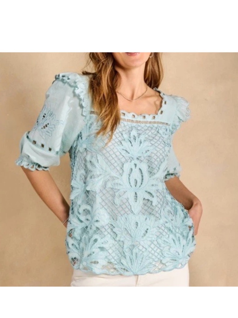 NEW Sundance Catalog ALTAI Lace Gatherings Eyelet Blouse Blue Linen Cotton Small